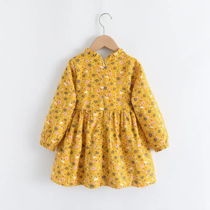 Kids Girls Floral Print Dress Pink Yellow Gray Spring Autumn Cotton Dresses 2024 New Arrival Children Causal Princess Dress