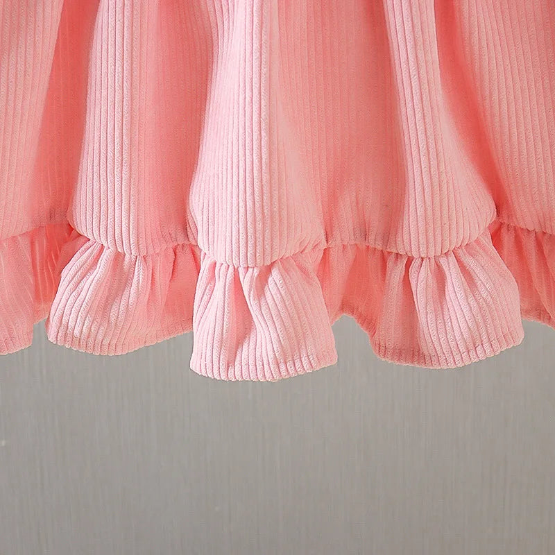 Girls' Fall Princess Dress - Knitwear Top with Corduroy Floral Suspender Skirt, Fluffy Bear Lace Trim
