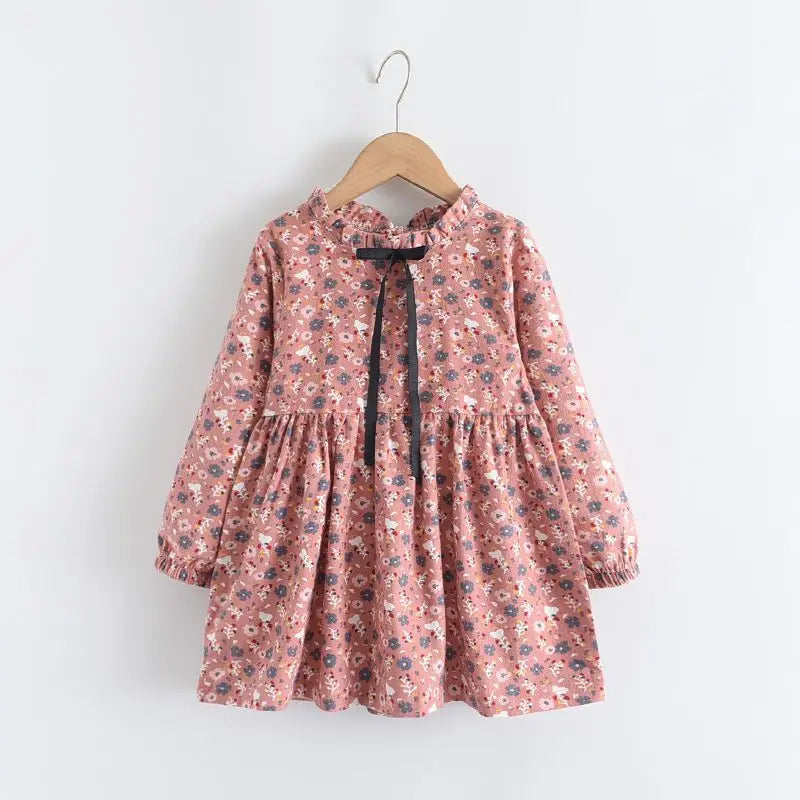 Kids Girls Floral Print Dress Pink Yellow Gray Spring Autumn Cotton Dresses 2024 New Arrival Children Causal Princess Dress