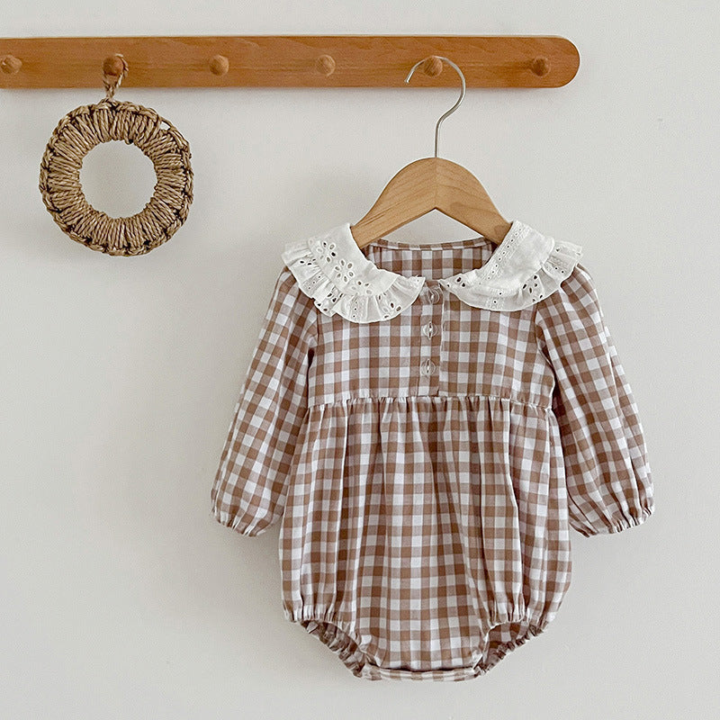 Korean Style Baby Girl Romper Baby Doll Collar Plaid Long Sleeve Jumpsuit Girl Dress Sisters Spring And Autumn New