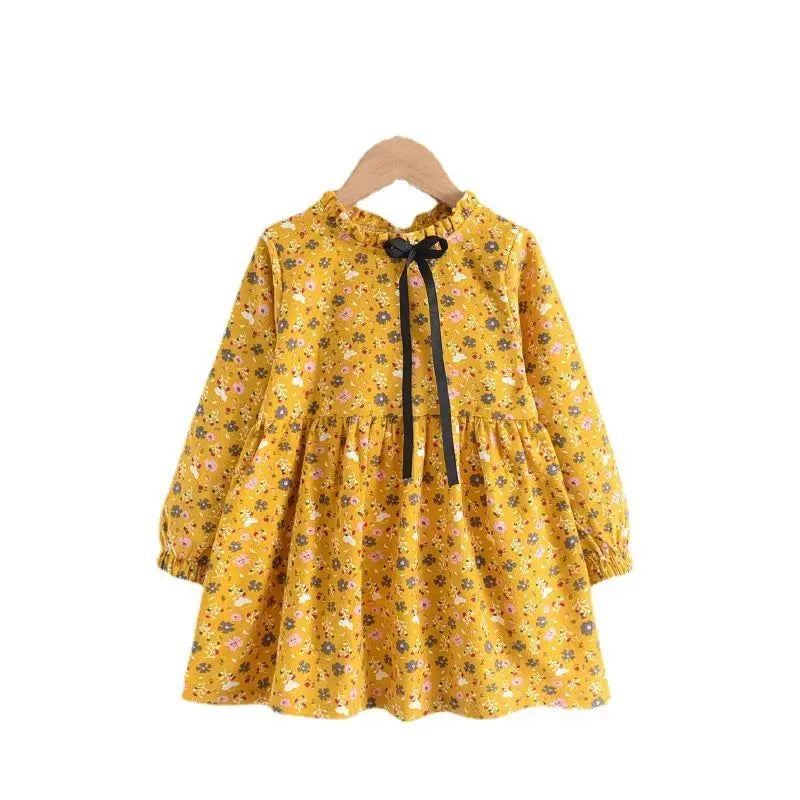 Kids Girls Floral Print Dress Pink Yellow Gray Spring Autumn Cotton Dresses 2024 New Arrival Children Causal Princess Dress
