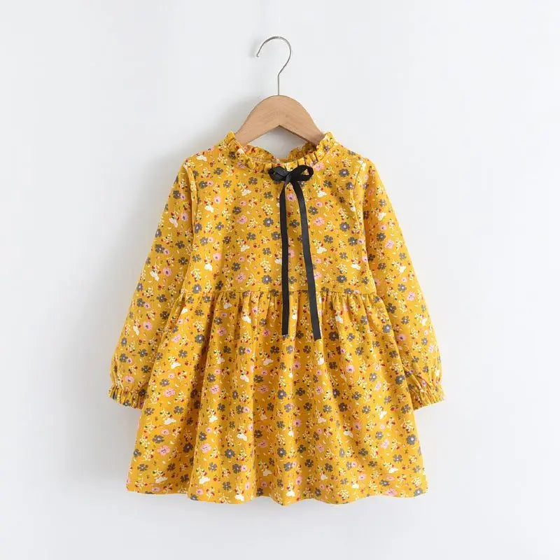 Kids Girls Floral Print Dress Pink Yellow Gray Spring Autumn Cotton Dresses 2024 New Arrival Children Causal Princess Dress