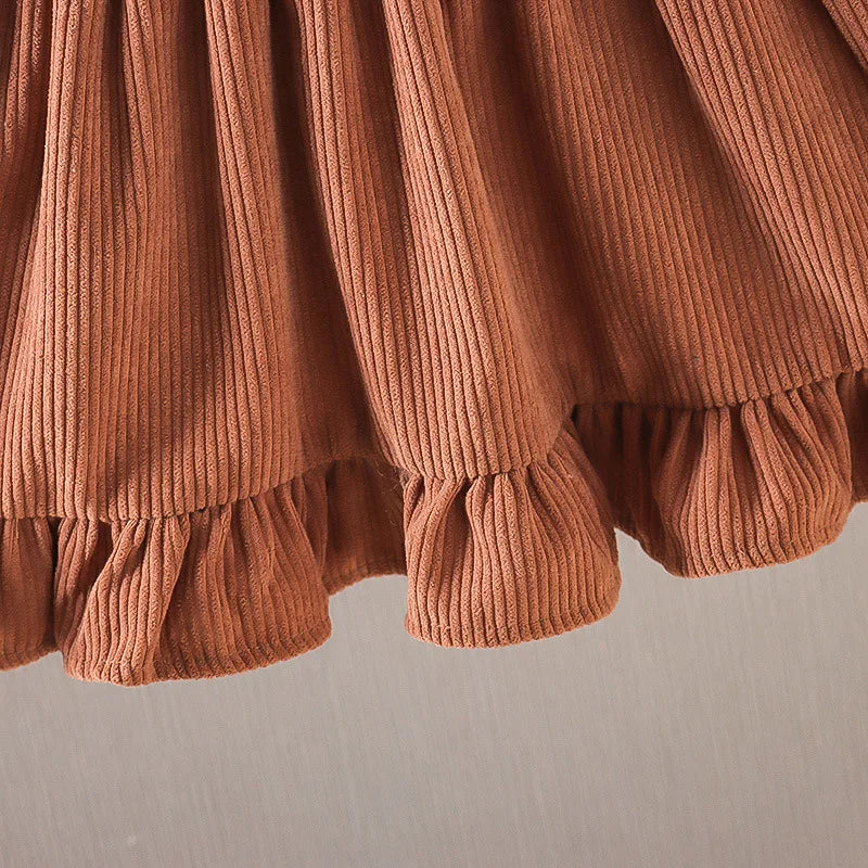 Girls' Fall Princess Dress - Knitwear Top with Corduroy Floral Suspender Skirt, Fluffy Bear Lace Trim