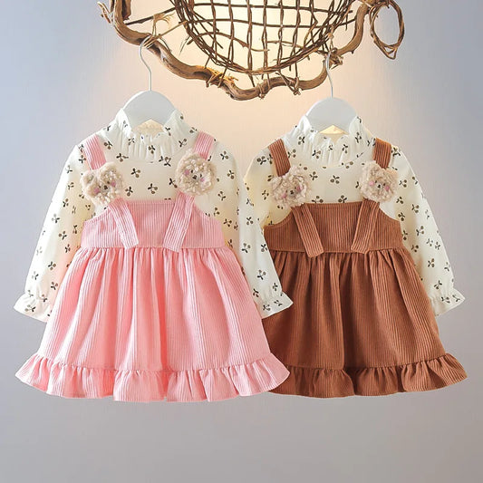 Girls' Fall Princess Dress - Knitwear Top with Corduroy Floral Suspender Skirt, Fluffy Bear Lace Trim