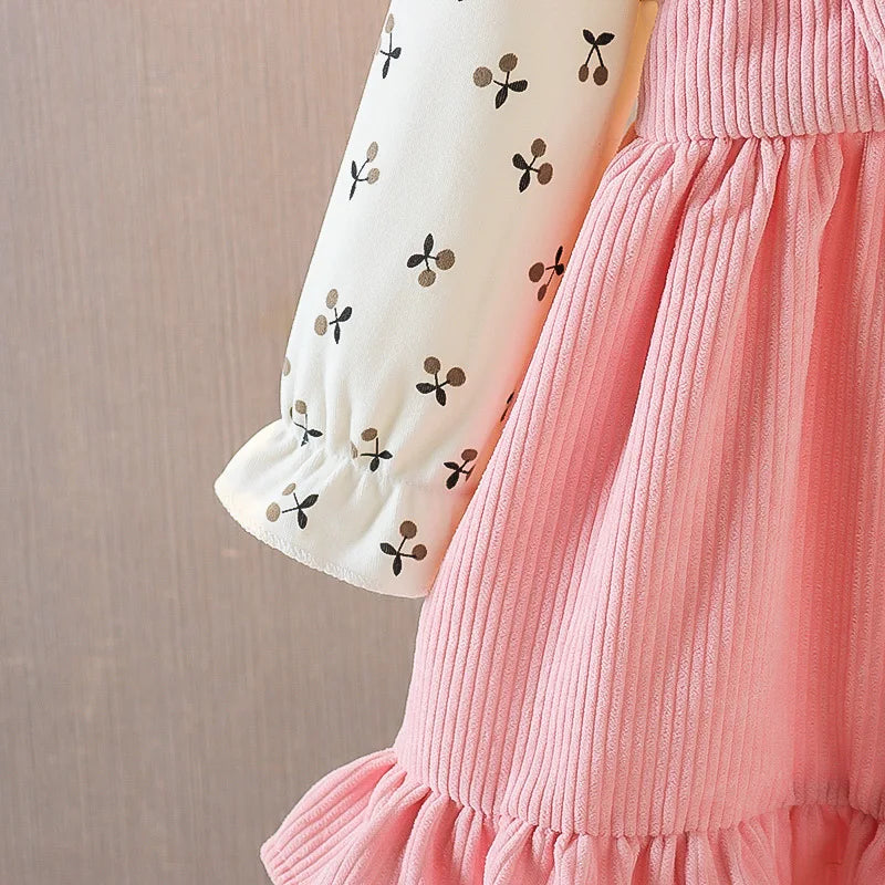 Girls' Fall Princess Dress - Knitwear Top with Corduroy Floral Suspender Skirt, Fluffy Bear Lace Trim