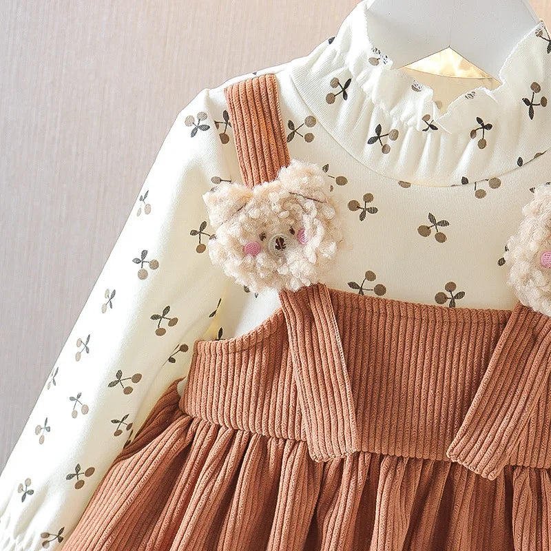 Girls' Fall Princess Dress - Knitwear Top with Corduroy Floral Suspender Skirt, Fluffy Bear Lace Trim