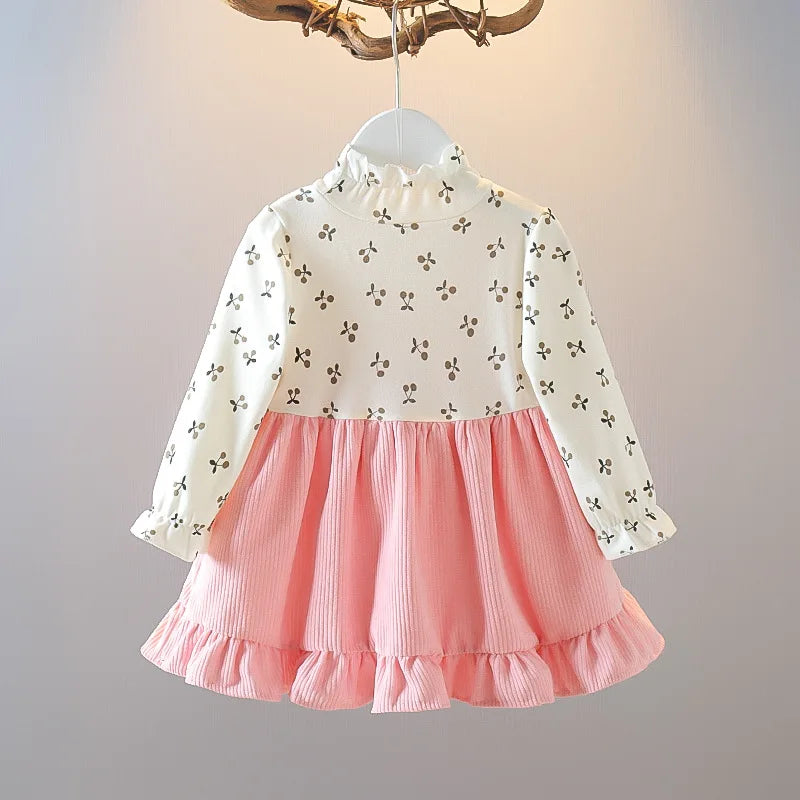 Girls' Fall Princess Dress - Knitwear Top with Corduroy Floral Suspender Skirt, Fluffy Bear Lace Trim