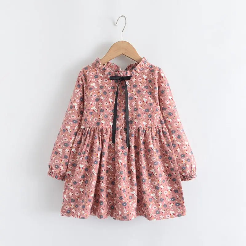 Kids Girls Floral Print Dress Pink Yellow Gray Spring Autumn Cotton Dresses 2024 New Arrival Children Causal Princess Dress