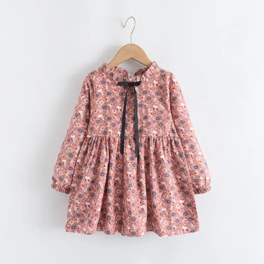 Kids Girls Floral Print Dress Pink Yellow Gray Spring Autumn Cotton Dresses 2024 New Arrival Children Causal Princess Dress
