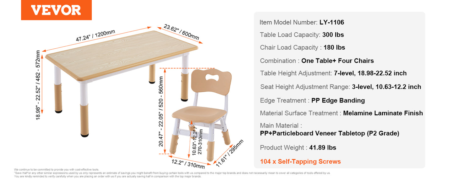 VEVOR Kids  Table and 4 Chairs Set